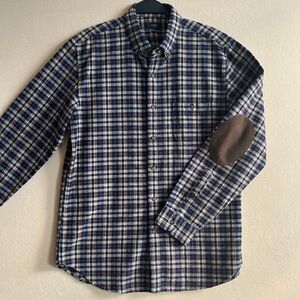 JCrew Men’s Plaid Flannel Blue‎ Brown Shirt with Elbow Patches Size L